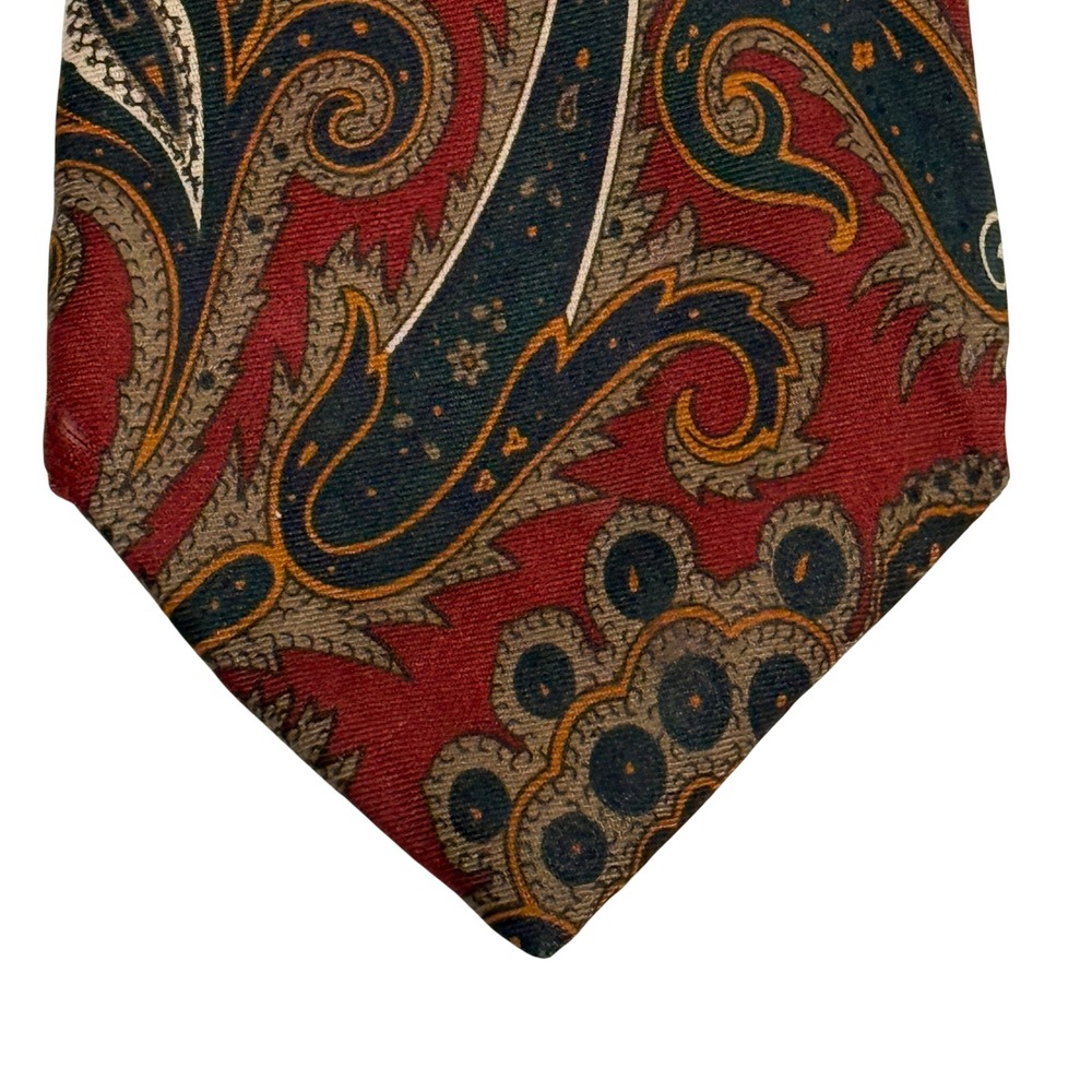 Lands' End Paisley Necktie Classic Wide Silk Blend Burgundy Navy Gold Mens Tie